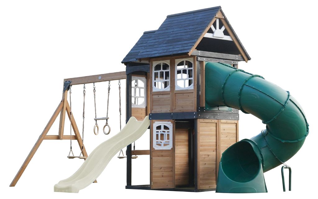 AXI Noud Spielturm aus Holz mit 2 Schaukeln & Rutsche in Creme Weiß & Röhrenrutsche | XXL Spielhaus / Spielplatz für Kinder mit Klettergerüst &...