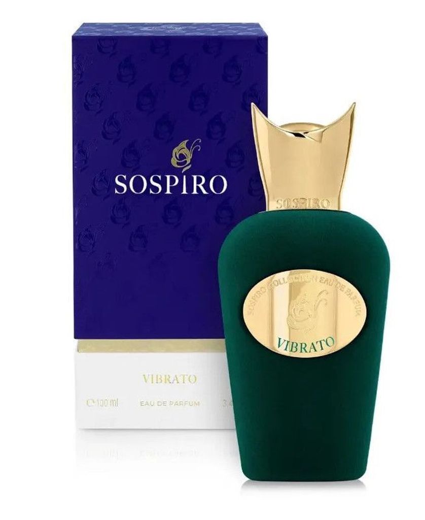 A perfume bottle and its packaging are displayed against a white background.