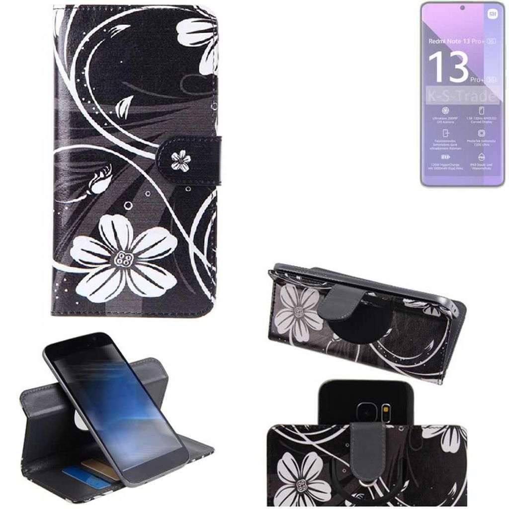 K-S-Trade Schutzhülle Handyhülle kompatibel mit Xiaomi Redmi Note 13 Pro+ Hülle 360° Wallet Case “Flowers“ Klapphülle Hülle schwarz-weiß 1x