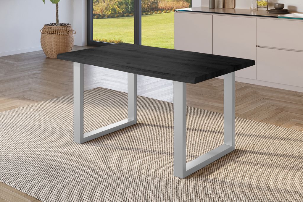 Esstisch 140x80 cm Baumkante Holz Grau-Optik U-Gestell Metall silber JULIUS