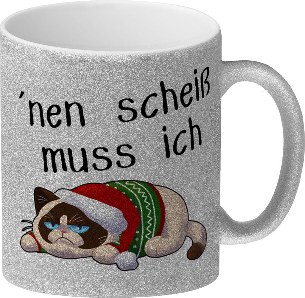 Genervter Kater Glitzer-Kaffeebecher mit Spruch nen scheiß muss ich