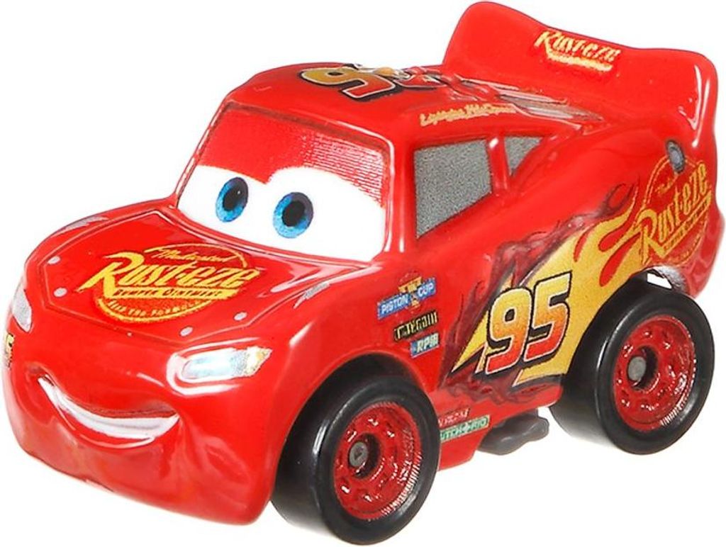 A close-up, front-facing view of a red toy car, Lightning McQueen from the movie Cars, on a white background.