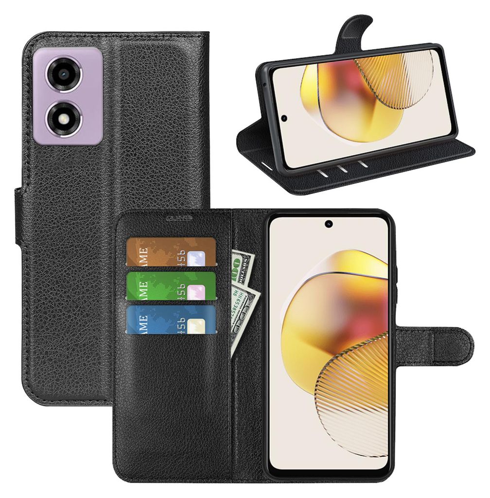 Für Motorola Moto E14 / G04 4G / G04S 4G / G24 4G Smart Handy Tasche Schwarz Etuis Kunst-Leder Hülle Cover Case Book