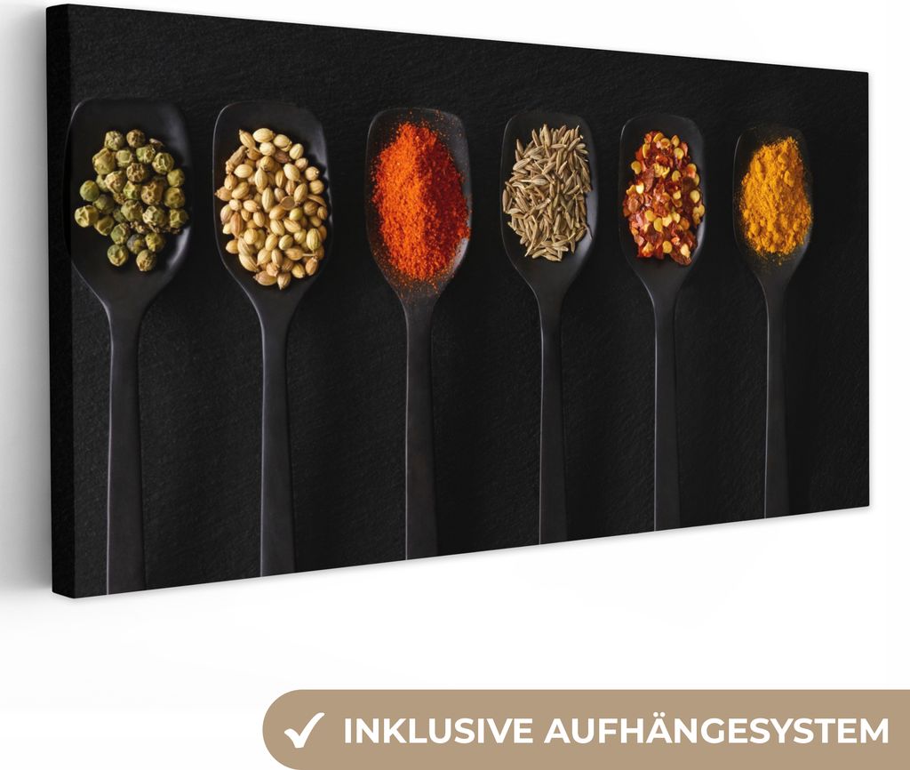 MuchoWow - Leinwandbilder - Löffel - Gewürze - Schwarz - Gewürze - Rustikal, Wandbild, Wanddeko Bilder Wohnzimmer, 80x40 cm