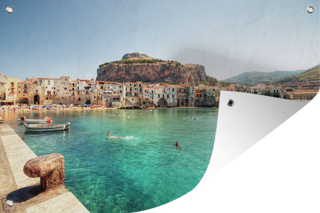 MuchoWow 60x40 cm Outdoor-Poster Gartendeko Sichtschutz Garten Poster für den Garten Boot - Meer - Stadt