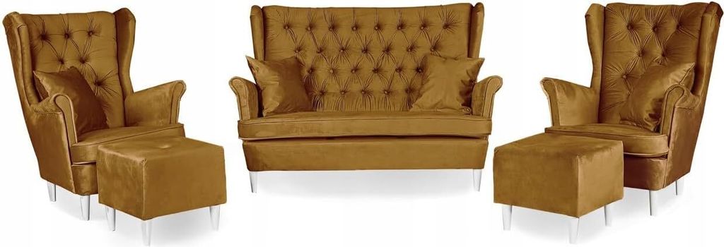 Family Meble Set aus Sofa + 2 Sessel + 2 Hocker Gaja 2-Sitzer Sofa Couch Freistehendes Lounge Sofa Bequem zum Entspannen Wohnzimmer Büro (Monolith...