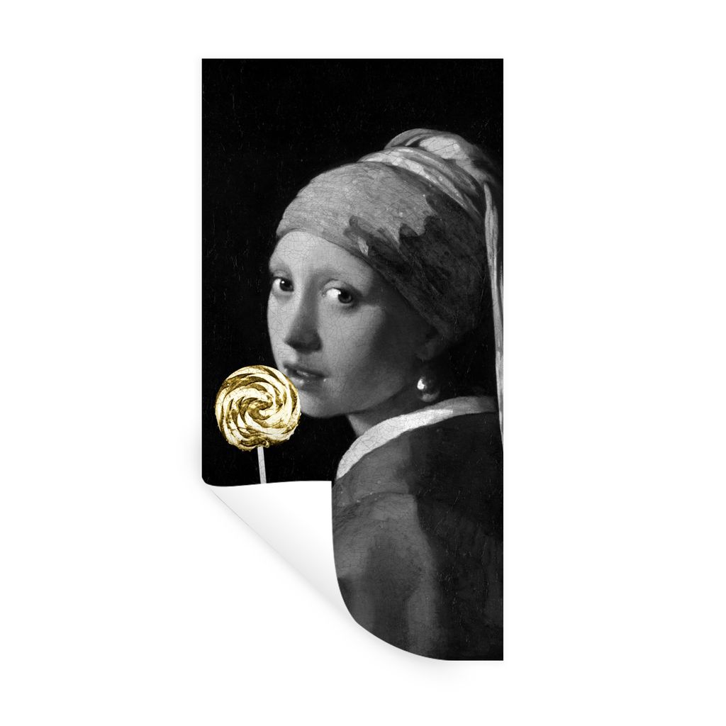 MuchoWow Wandtattoo Wandsticker Wandaufkleber Mädchen mit Perlenohrring - Lollipop - Schwarz und Gold 20x40 cm Selbstklebend und Repositionierba...
