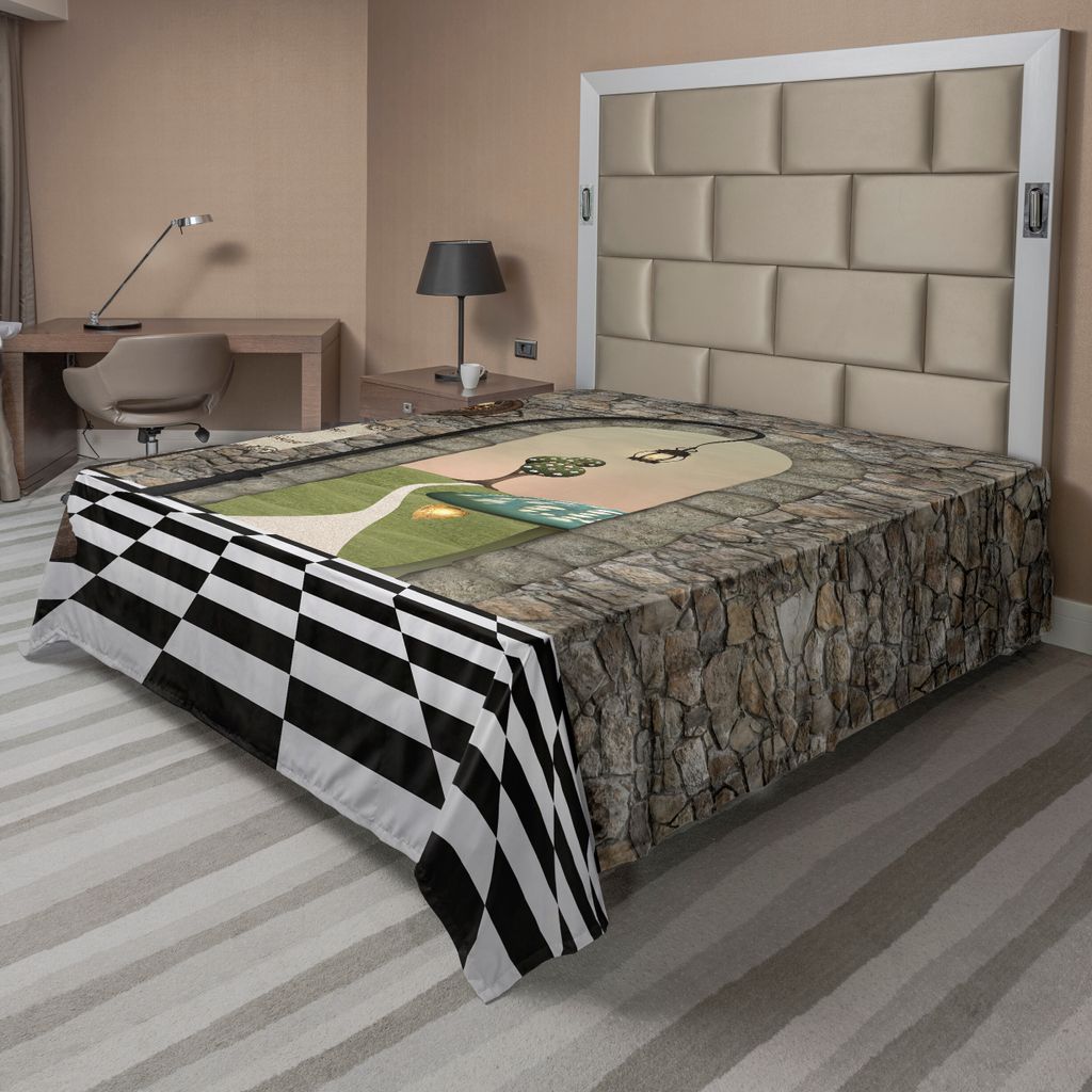 ABAKUHAUS Alice im Wunderland Bettlaken, Willkommen Wonderland Black And White Boden Landschaft Pilz Laterne, weiches bequemes oberes Bettlaken fü...