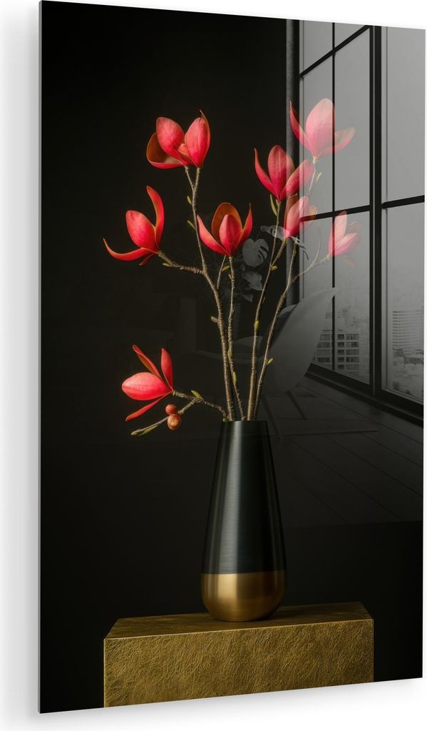 MuchoWow Glasbilder - Bilder auf Wandbild - Foto auf Glas Rot - Blumen - Vase 20x30 cm Wanddekoration aus Glas - Acrylglasbild - Acrylbilder - Acry...