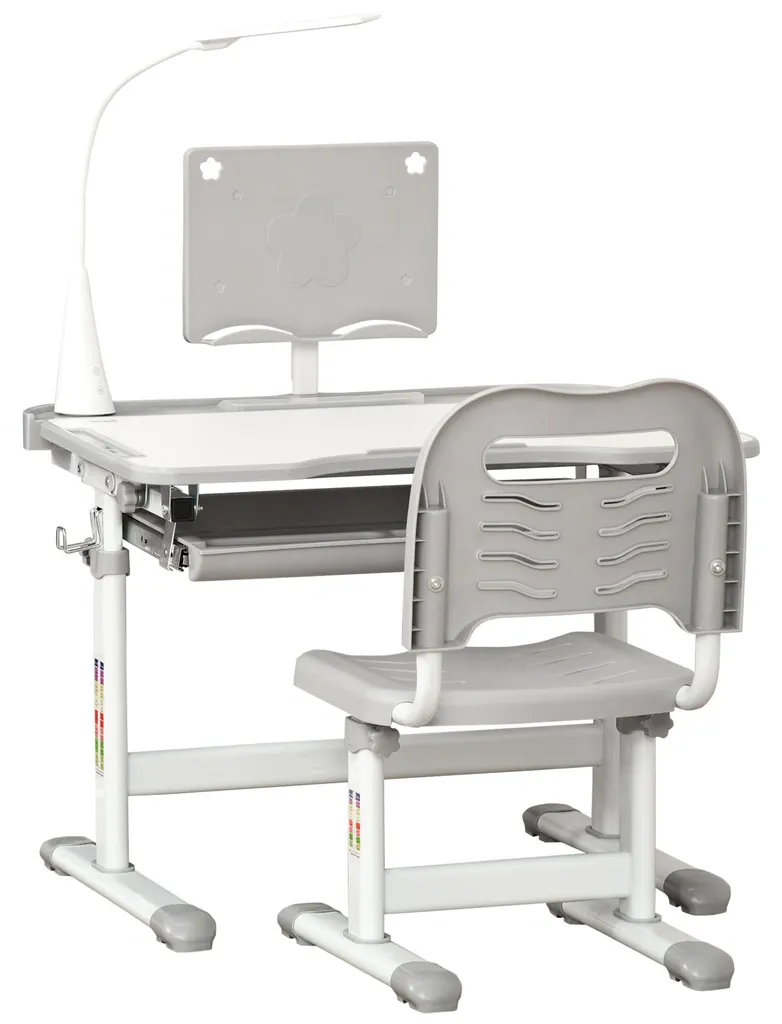 Bureau Enfant Inclinable avec Lampe LED et Support Lecture - Gris Hauteur