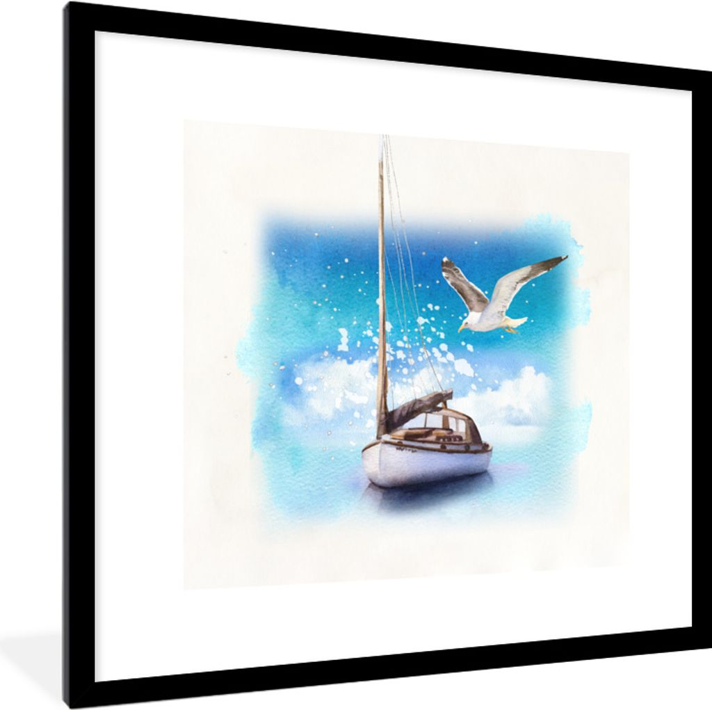 MuchoWow MuchoWow Gerahmtes Poster Boot - Vogel - Meer - Aquarell 40x40 cm - Poster mit zchwarzem Bilderrahmen - Poster - Plakat im Rahmen