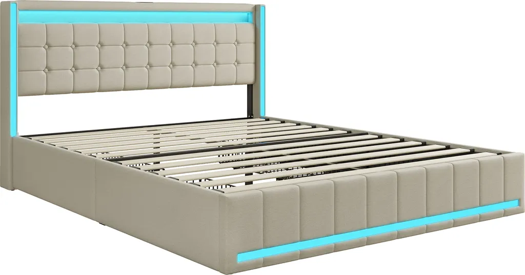 Lit Coffre 140x200 Gain de Place Beige avec Tiroirs USB et LED Intégrés