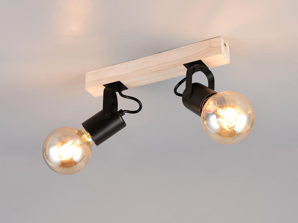 LED Deckenstrahler Metall Schwarz mit Holzbalken Deckenspots schwenkbar, B: 31cm