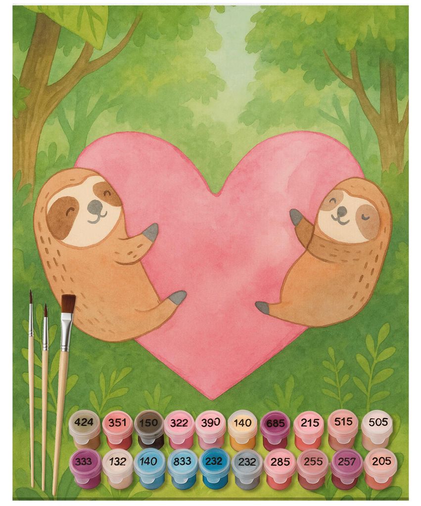 Mr. & Mrs. Panda Malen nach Zahlen Faultiere Herz Design 40 x 50 cm Mit Rahmen - Weiß - Geschenk, für Partner, Mitbringsel, Freundin, Zahlenbild,...