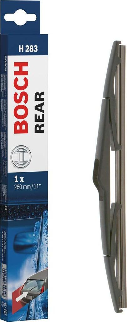 A Bosch rear windshield wiper blade in its packaging, displayed next to the product itself.
