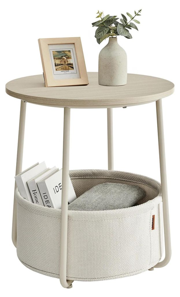 Beistelltisch - Runder Couchtisch - Mit Stoffkorb zur Aufbewahrung - Kleiner Wohnzimmertisch - Dunkelkhaki