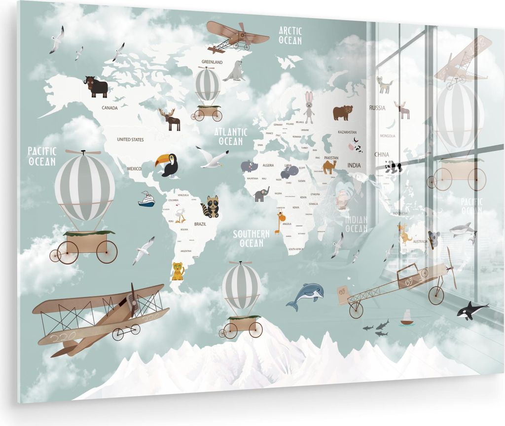 MuchoWow Glasbilder - Bilder auf Wandbild - Foto auf Glas Weltkarte - Kind - Flugzeug 90x60 cm Wanddekoration aus Glas - Acrylglasbild - Acrylbilde...