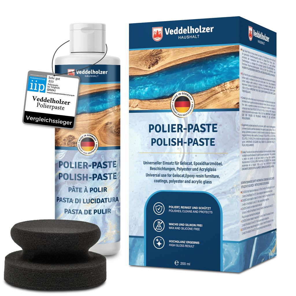 Veddelholzer 200 ml Profi Polierpaste + Polierschwamm für Epoxidharz Möbel, Tisch, Acrylglas, Polyester, Gelocat sowie Glasfaser und Carbonfaser ...