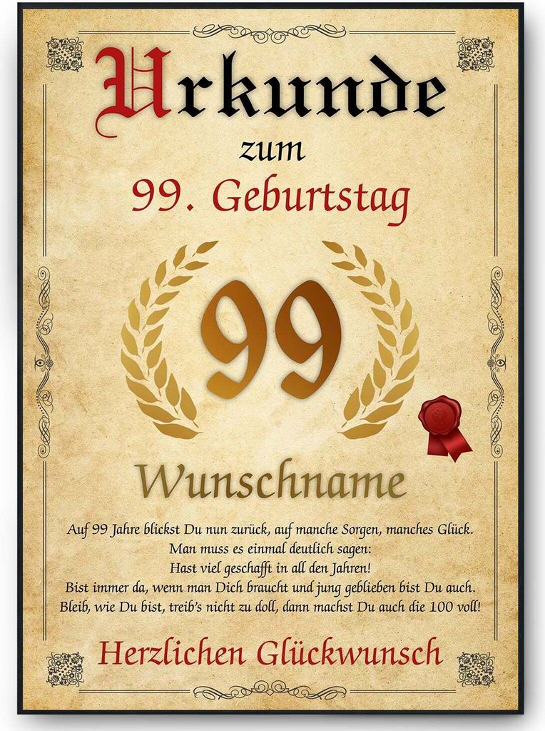 Urkunde zum 99. Geburtstag personalisiertes Geschenk Jahrgang 1926 Geburtstagsurkunde 99 Jahre Geburtstagsgeschenk – DIN A4 + Rahmen schwarz