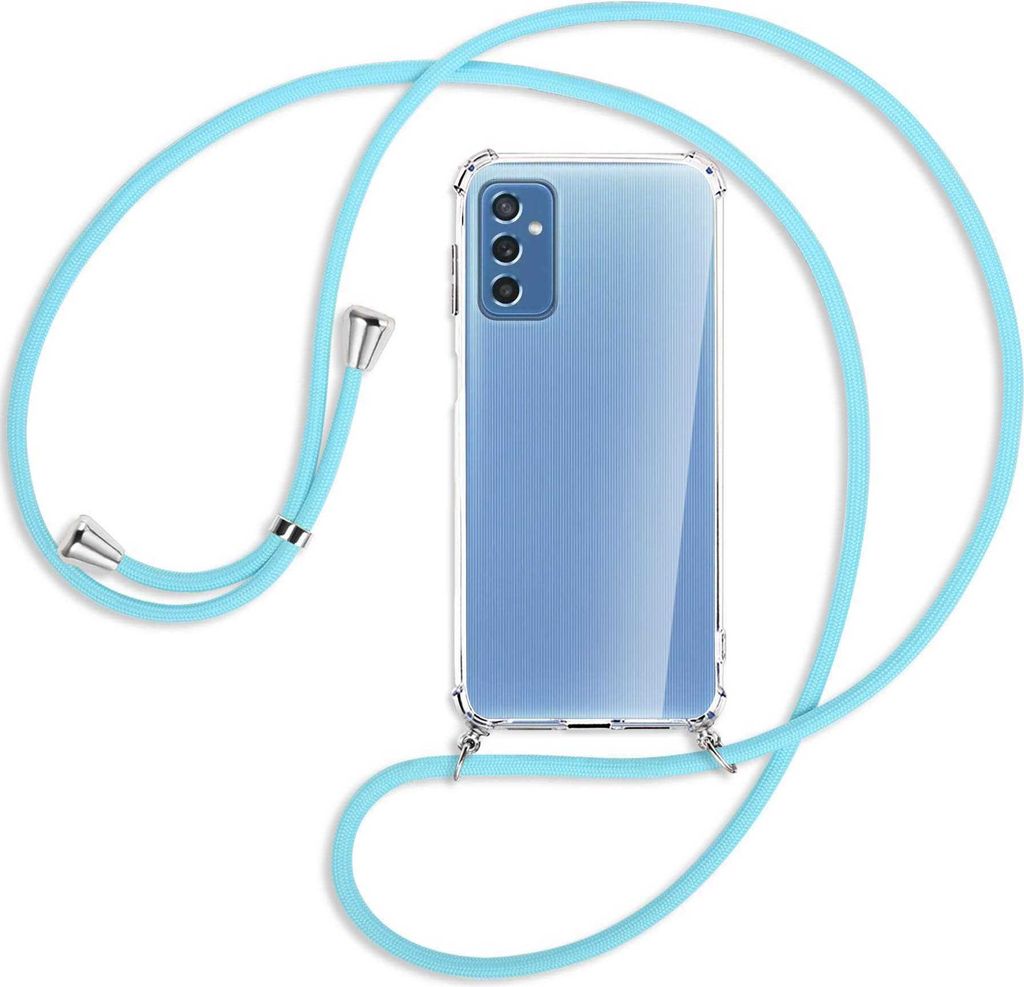 Handykette Backcover-Schutzhülle mit Band (Metall silberfarben) für Samsung Galaxy M52 5G (M526) - himmelblau