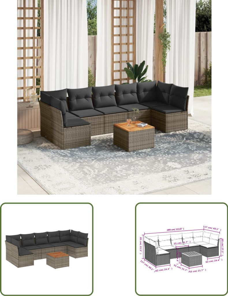 The Living Store 8-tlg. Garten-Sofagarnitur mit Kissen Grau Poly Rattan