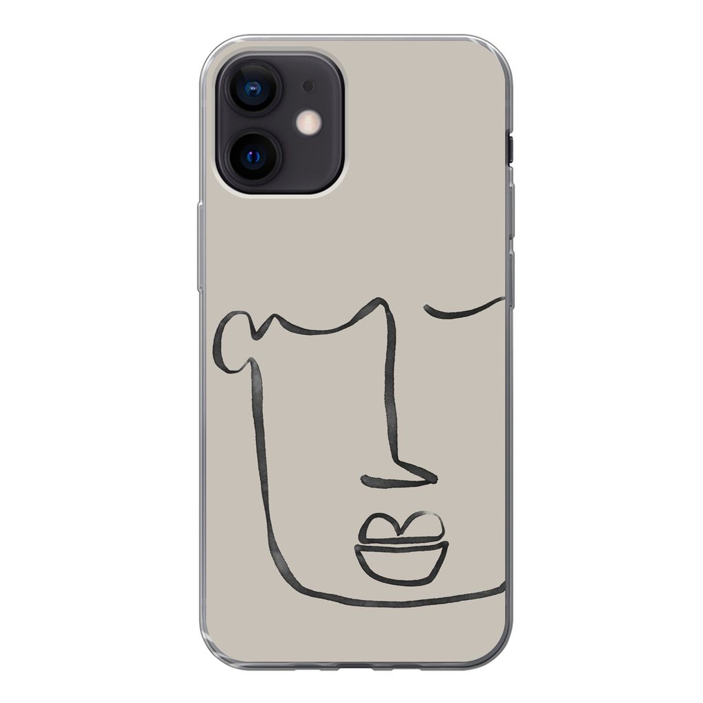 MuchoWow Handyhülle Schutzhülle Hülle für iPhone 12 Gesicht - Abstrakt - Strichzeichnung Silikon Softcase Handy Hülle - Schutzhülle