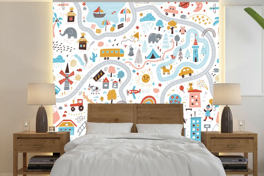 MuchoWow Fototapete für Wohnzimmer oder Schlafzimmer Wandtapete Vinyl Motivtapete Kinder - Auto - Stadt - Tiere - 350x350 cm - Schlafzimmertapete