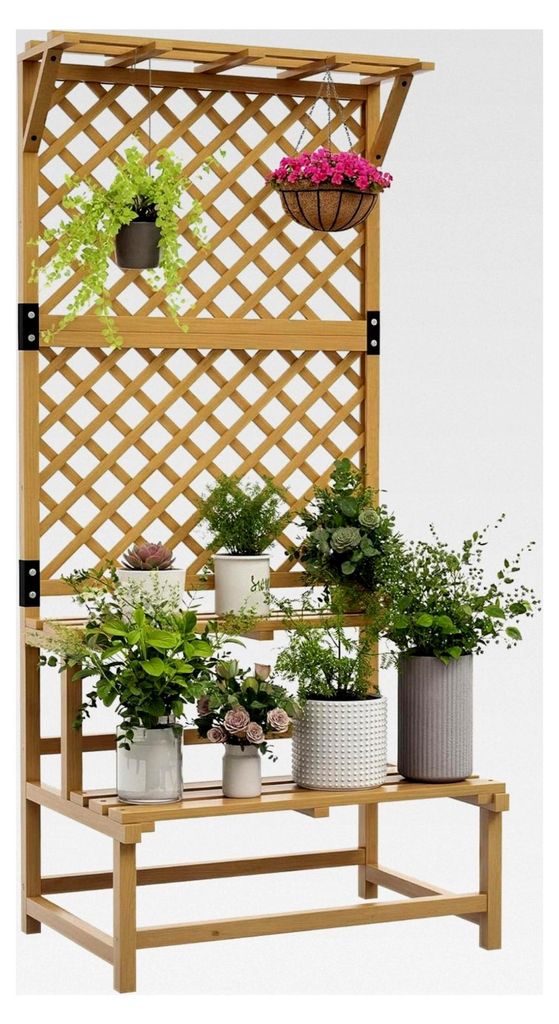 Blumentreppe mit Rankhilfe, 2 Stufen, Dach, Pflanzentreppe für Innen und Außen, Holz Blumenständer, mehrstöckiges Blumenregal für Garten und B...
