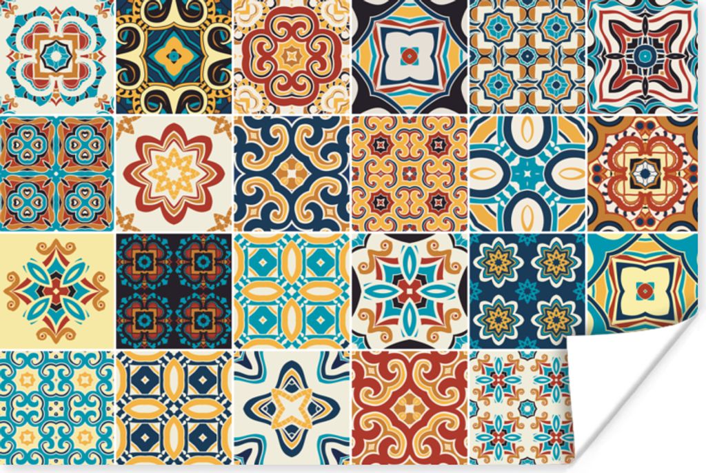 MuchoWow Poster Blumen - Vintage - Muster - Blau - Orange 120x80 cm - Bilder