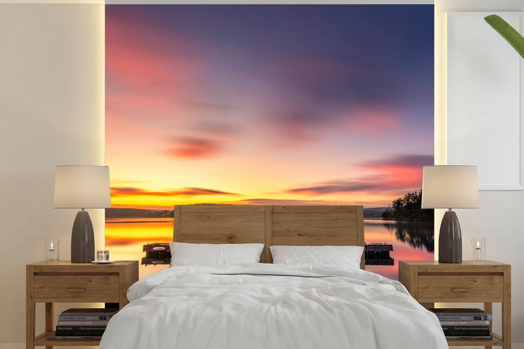 MuchoWow Fototapete für Wohnzimmer oder Schlafzimmer Wandtapete Vinyl Motivtapete Steg - Sonnenuntergang - Wasser - Meer - Spiegelung - 300x300 ...