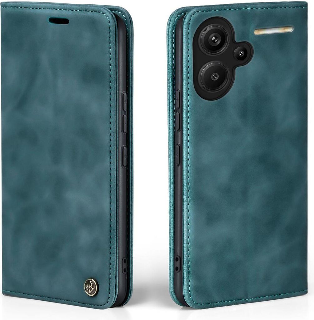 A teal flip case for a smartphone is shown from the front and back.
