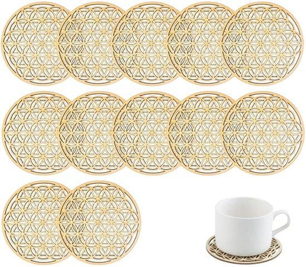 Holzunterfütterungen Flower of Life, 12er Set, elegante Gläser, runde Fußbasierten Tassen, Getränkegläser, Schutzmeubilair