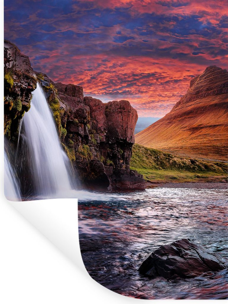 MuchoWow Wandtattoo Wandsticker Wandaufkleber Wasserfall - Berg - Wolken - Rosa - Landschaft 90x120 cm Selbstklebend und Repositionierbar - Falte...