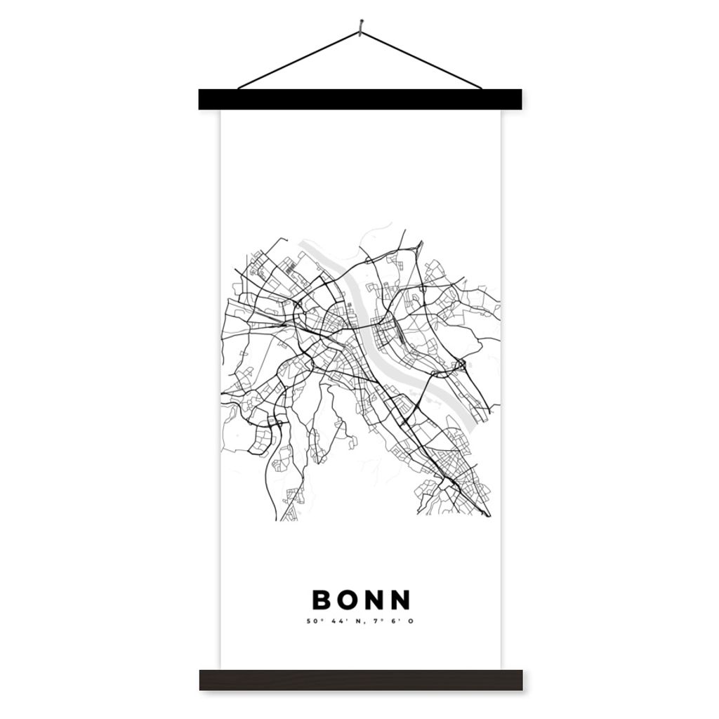 MuchoWow Textilposter Karte - Bonn - Schwarz-Weiß - Stadtplan 60x120 cm mit schwarzem Rahmen - Magnete