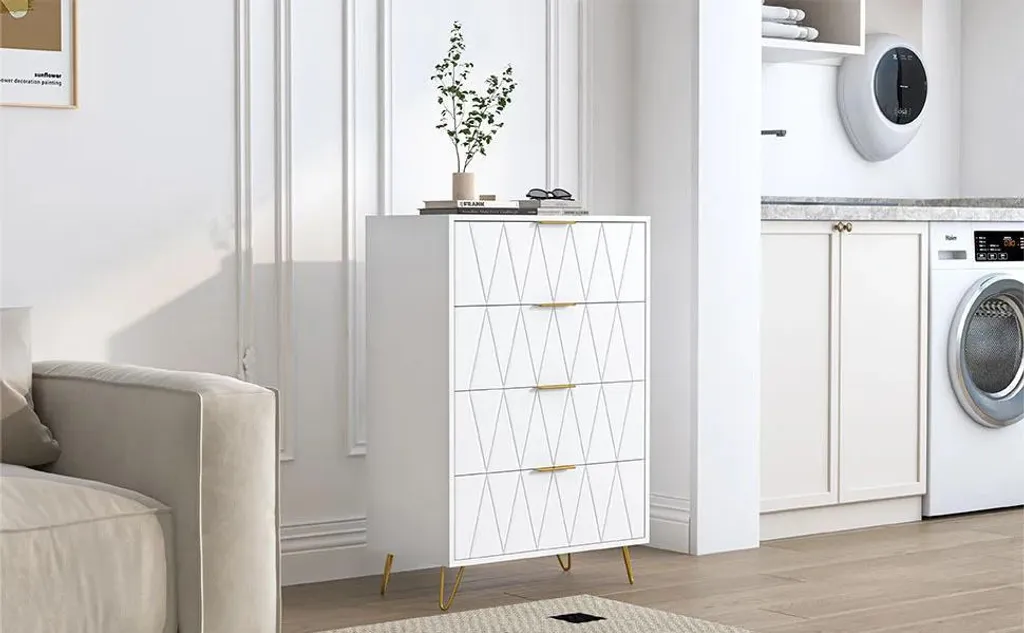 Commode de Rangement Gain de Place 4 Tiroirs Blanche en Bois Moderne
