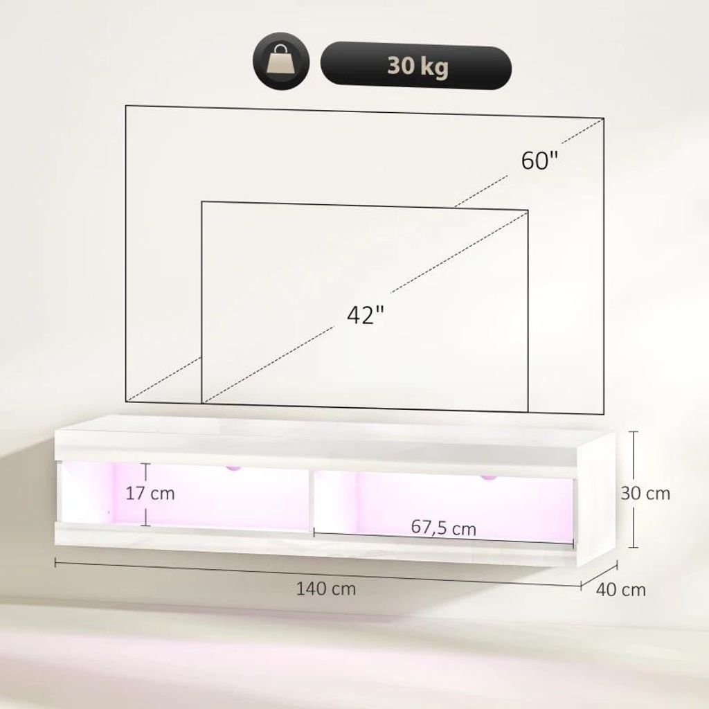 Fortuna Lai TV Schrank, Hängendes TV Lowboard mit RGB LED-Beleuchtung in 16 Farben, TV Ständer mit offenen Stauraum, für 55-60 Zoll Fernseher, f...