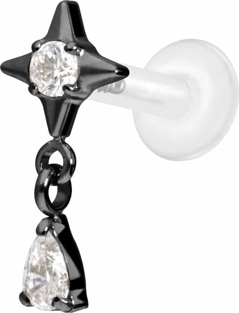 Ohrpiercing, Nasenpiercing PTFE Labret mit Innengewinde + Titan-Aufsatz STERN + KRISTALLTROPFEN Schwarz Stablänge: 7mm | Stabstärke: 1,6mm