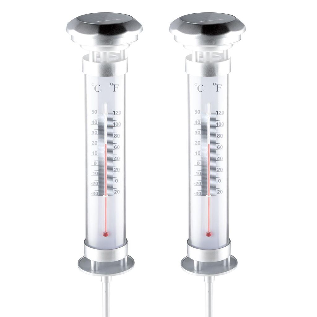 2er Set Outdoor LED Solarlampe mit Thermometer und Erdspieß Solar Gartenleuchte Hellweiß Solarleuchte