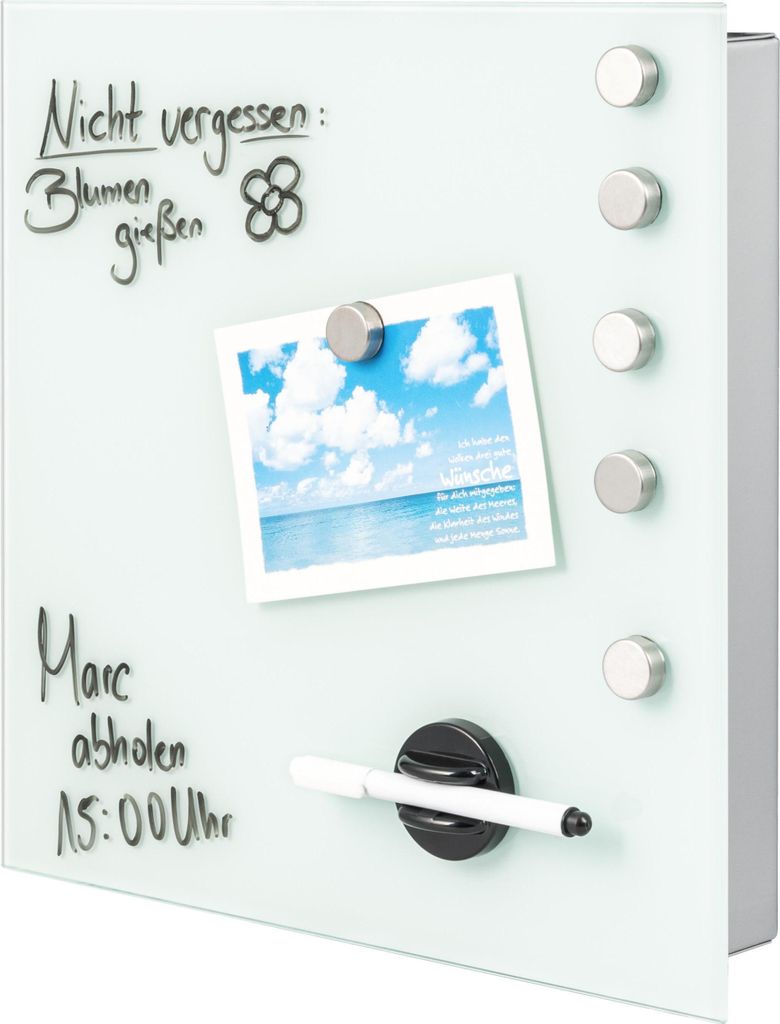 bremermann Schlüsselkasten XL mit weißer Glasfront, beschreibbar, 13 Haken, 6 Magnete, 2Marker, 1 Marker-Halter, Korpus aus Metall grau pulverbes...