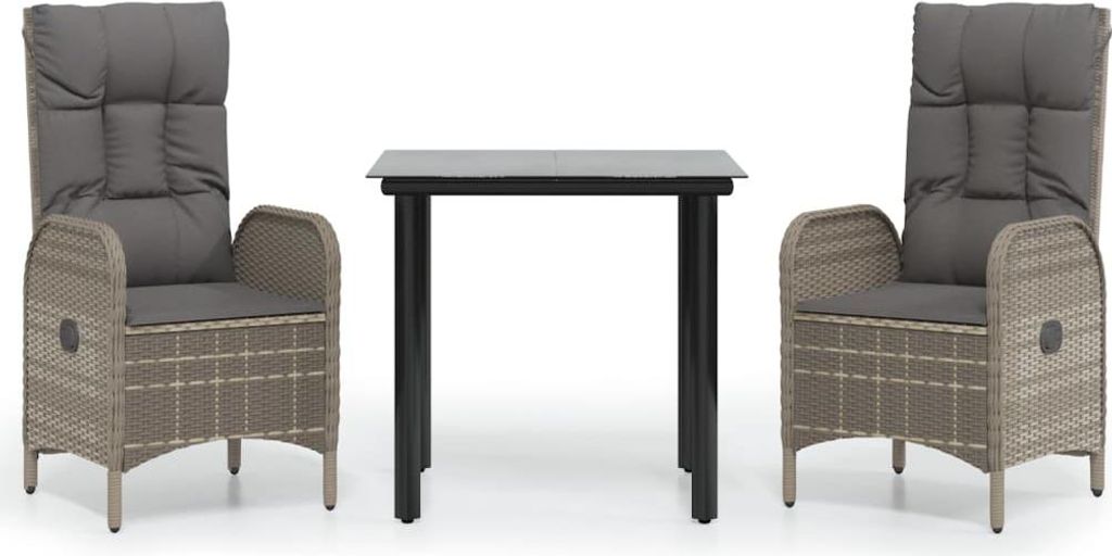 vidaXL 3-tlg. Garten-Essgruppe mit Kissen Schwarz und Grau Poly Rattan