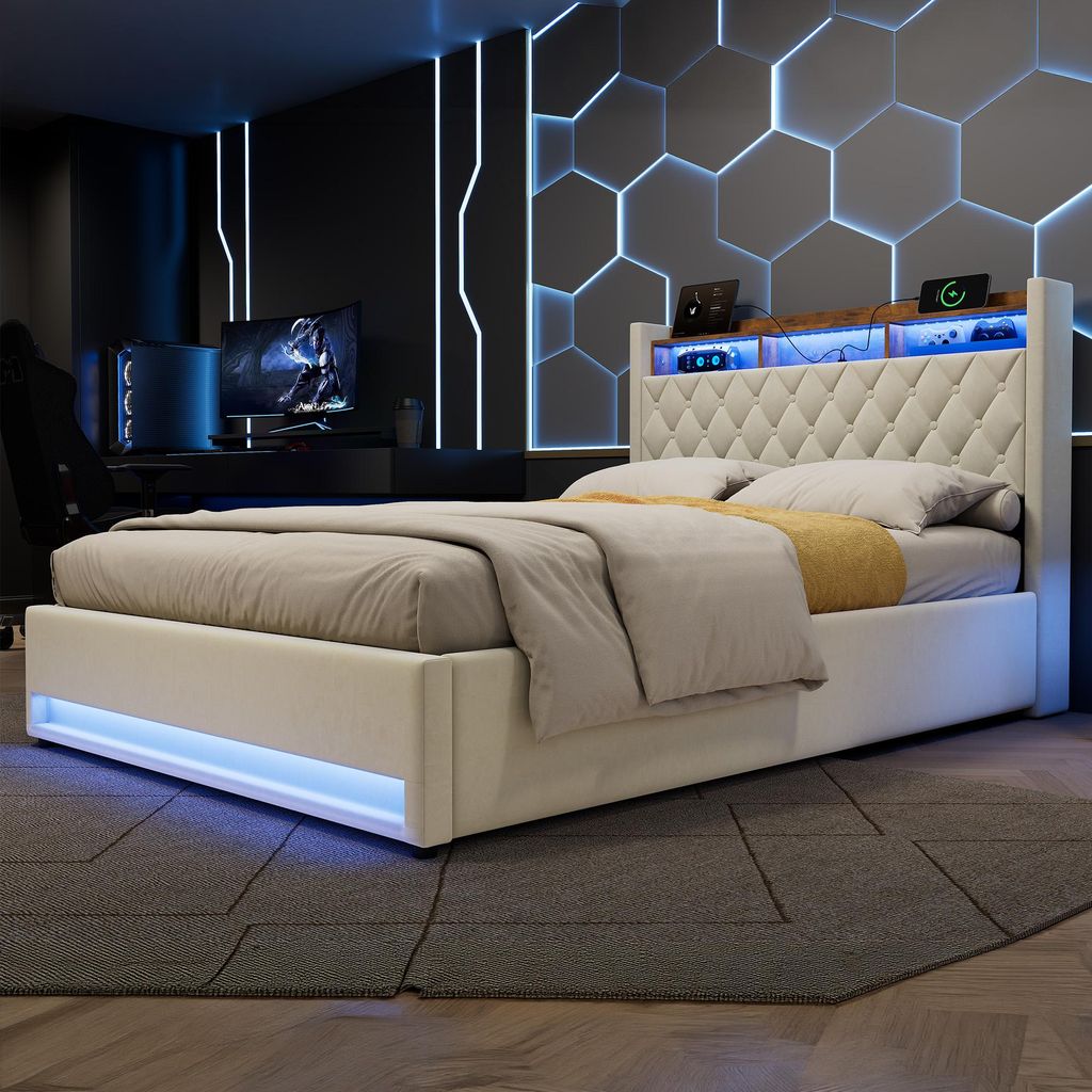 okwish 140×200 Lit rembourré avec éclairage LED et port Image du produit 