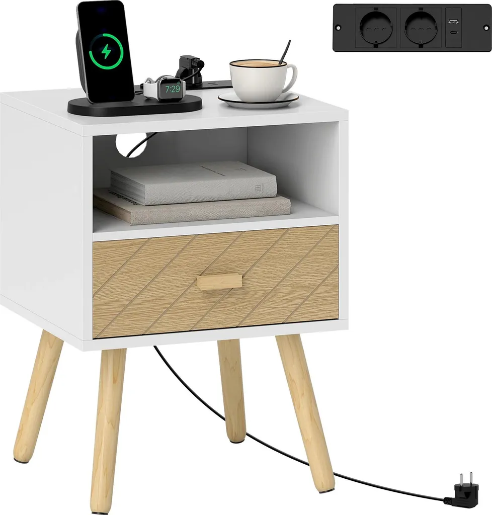 Table de chevet anti-câbles emmêlés avec port USB-C et style blanc bois