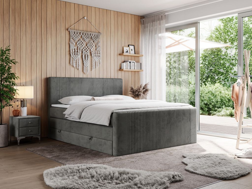 Boxspringbett, doppelbett mit Multipocket-Matratze und zwei Bettkästen - KING DOREN - 160x200cm - Dunkelgrau - H3
