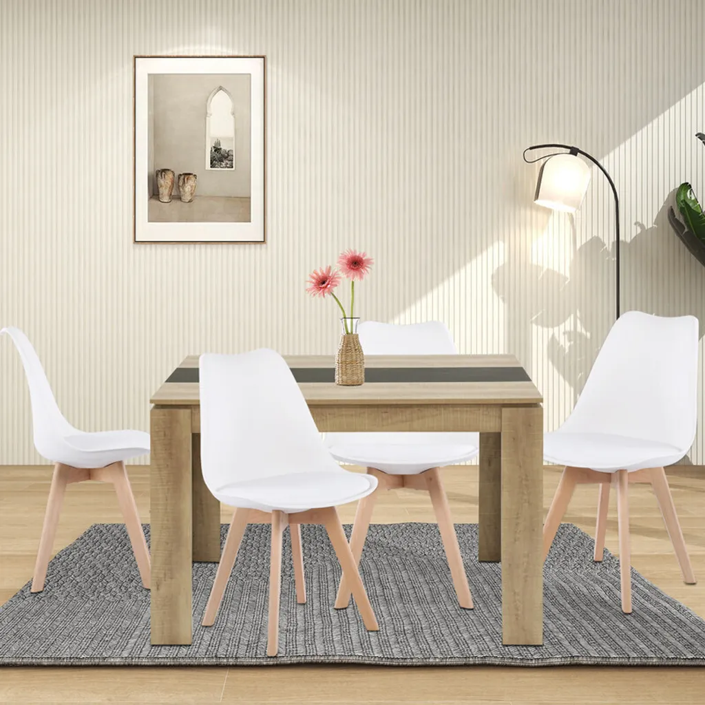 Table à Manger Rectangulaire 140cm avec 4 Chaises Blanches pour Cuisine