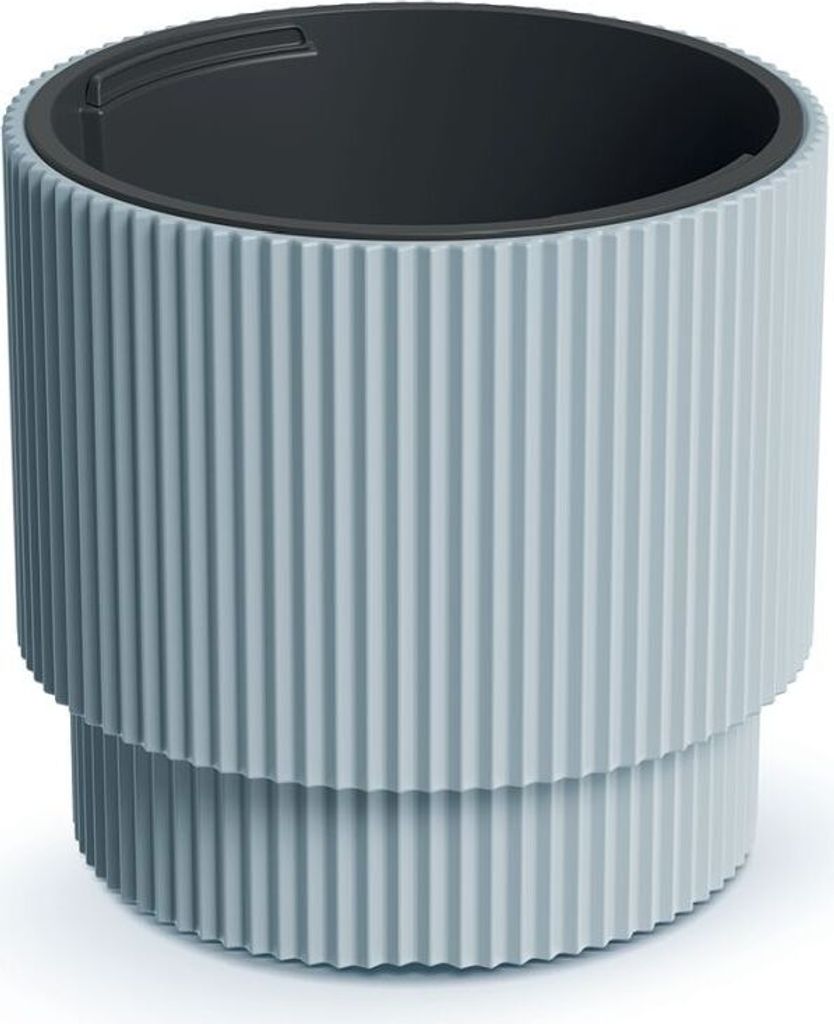 A light gray, ribbed planter pot with a black interior, shown against a white background.