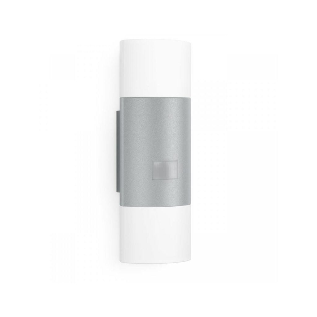 A modern, cylindrical outdoor wall light with white top and bottom sections and a silver middle section with a small, translucent sensor window.