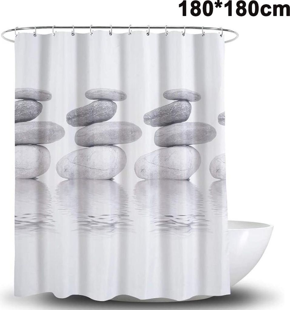 Duschvorhang Zen-Stein-Wildgras-Spiegelung im Wasser, 12 Haken, Meditationsdesign, wasserdichter Stoff, Badezimmer-Duschvorhang