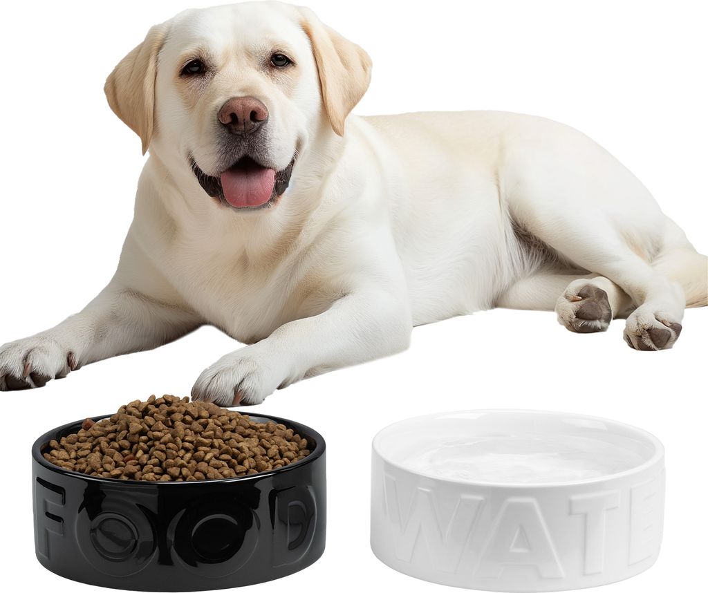 Navaris Hundenapf Keramik 2er Set - Mikrowellen- und Spülmaschinengeeignet - Wassernapf und Futternapf Hund in schwarz & weiß - Großes Volumen 7...