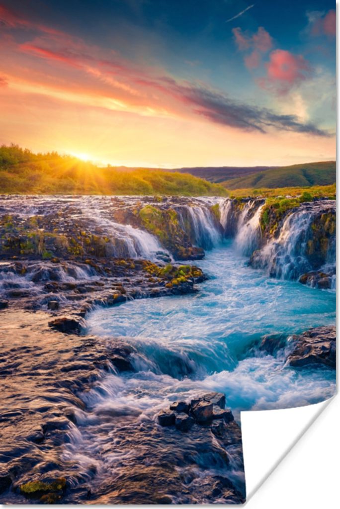 MuchoWow Poster Wasserfall - Pflanzen - Moos - Landschaft - Sonnenuntergang - Fels 120x180 cm - Kunstposter
