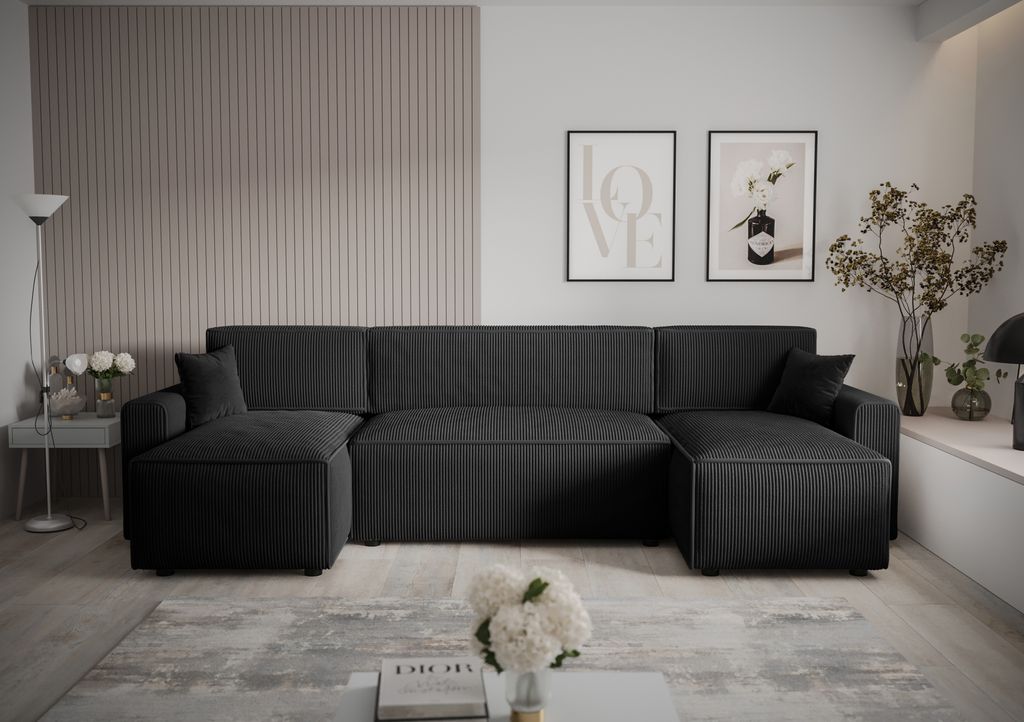 Ecksofa Alvito U BIS, Farbe: Schwarz. Material: Kord. A: B: 330 cm,H: 85 cm,Otomana Länge: 140 cm, Eckcouch, Schlafcouch, Sofa bed, Schlafsofa